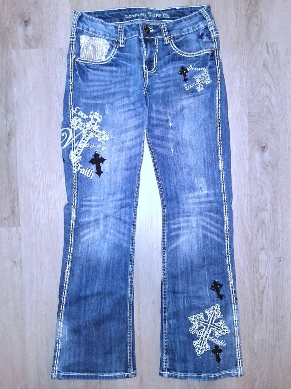 Cowgirl Tuff Co Unbelievable Bootcut Jeans Size W26 L33 Rhinestone Bling Crosses
